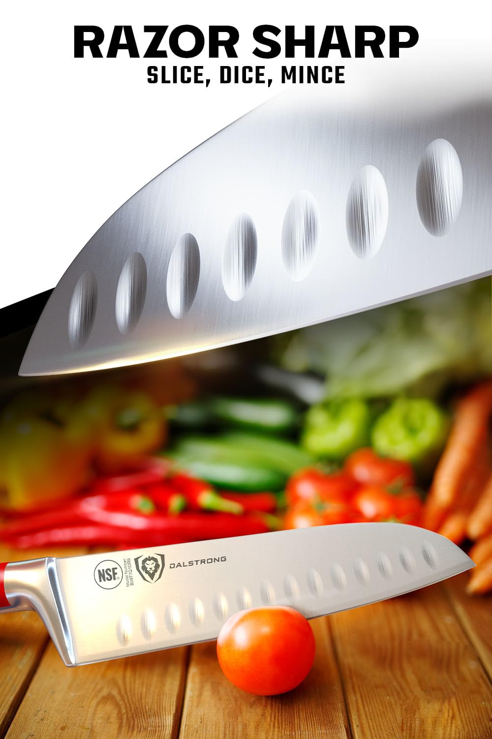 Dalstrong Santoku con mango ABS rojo carmesí ofrece agarre cómodo