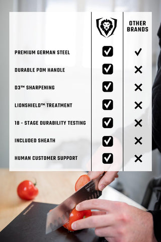 Dalstrong Santoku Vanquish 7 pulgadas, certificado NSF, cumpliendo normas de higiene en cocina.