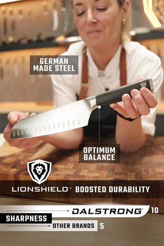 Dalstrong Santoku Vanquish 7 pulgadas, mango POM, agarre cómodo y duradero.