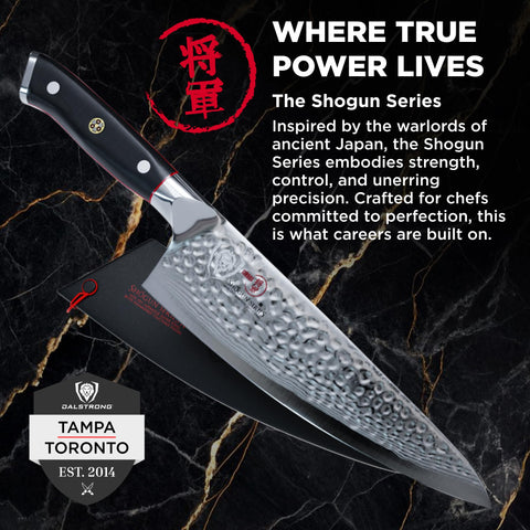 Dalstrong Shogun Elite, acabado Tsuchime, textura que facilita cortes limpios.