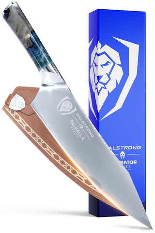 Dalstrong Valhalla: cuchillo chef hoja afilada para cortes precisos en cocina profesional.