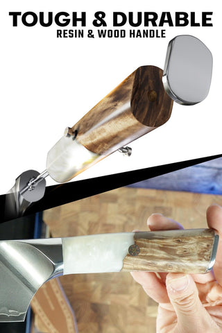Mango Dalstrong Valhalla en resina glaciar y madera estabilizada para agarre cómodo.