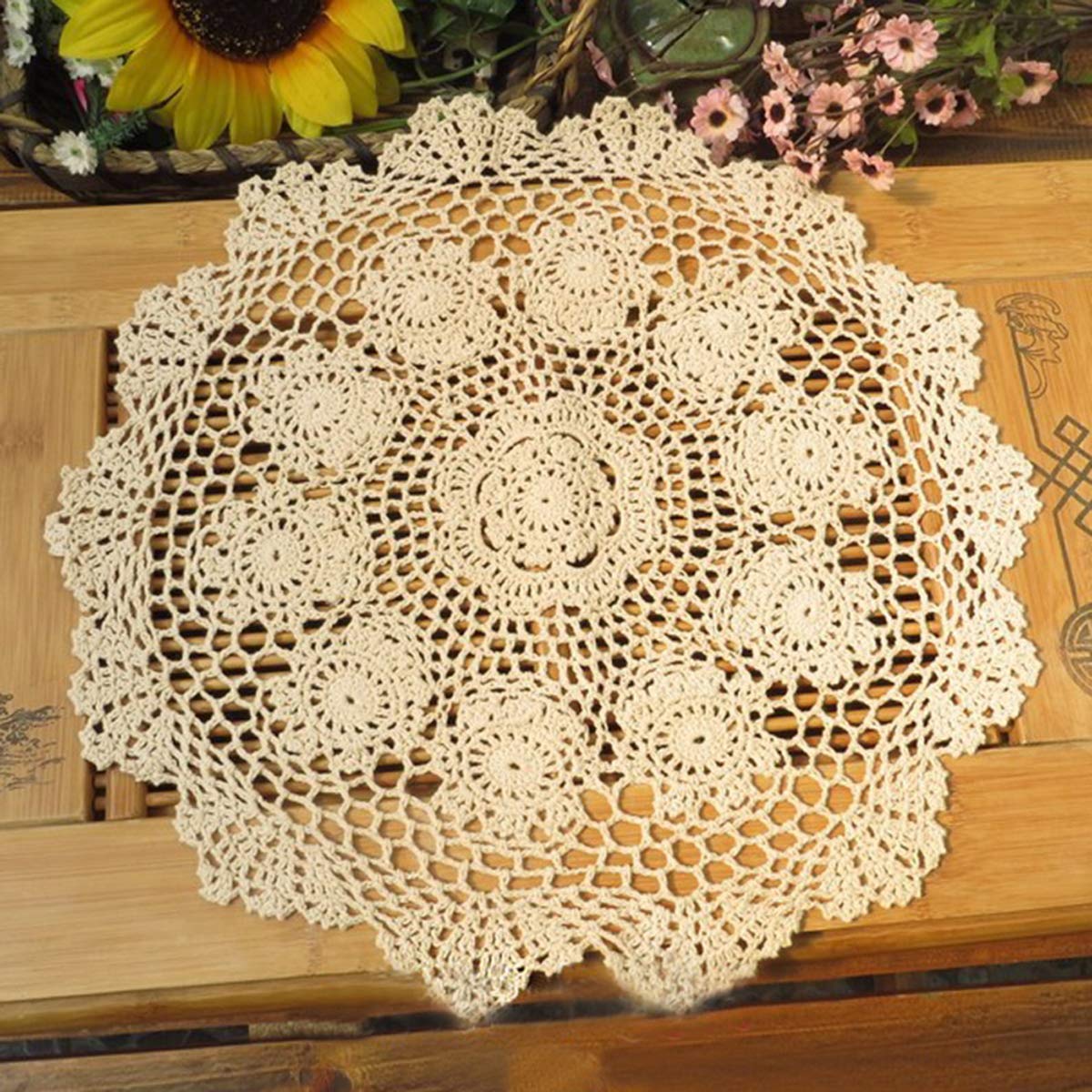 Damanni mantel de algodón beige, redondo, 16 pulgadas, dos piezas para mesa elegante.