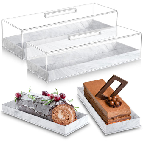 Bandeja rectangular con tapa gris marmolada de Dandat para exhibir postres en reuniones