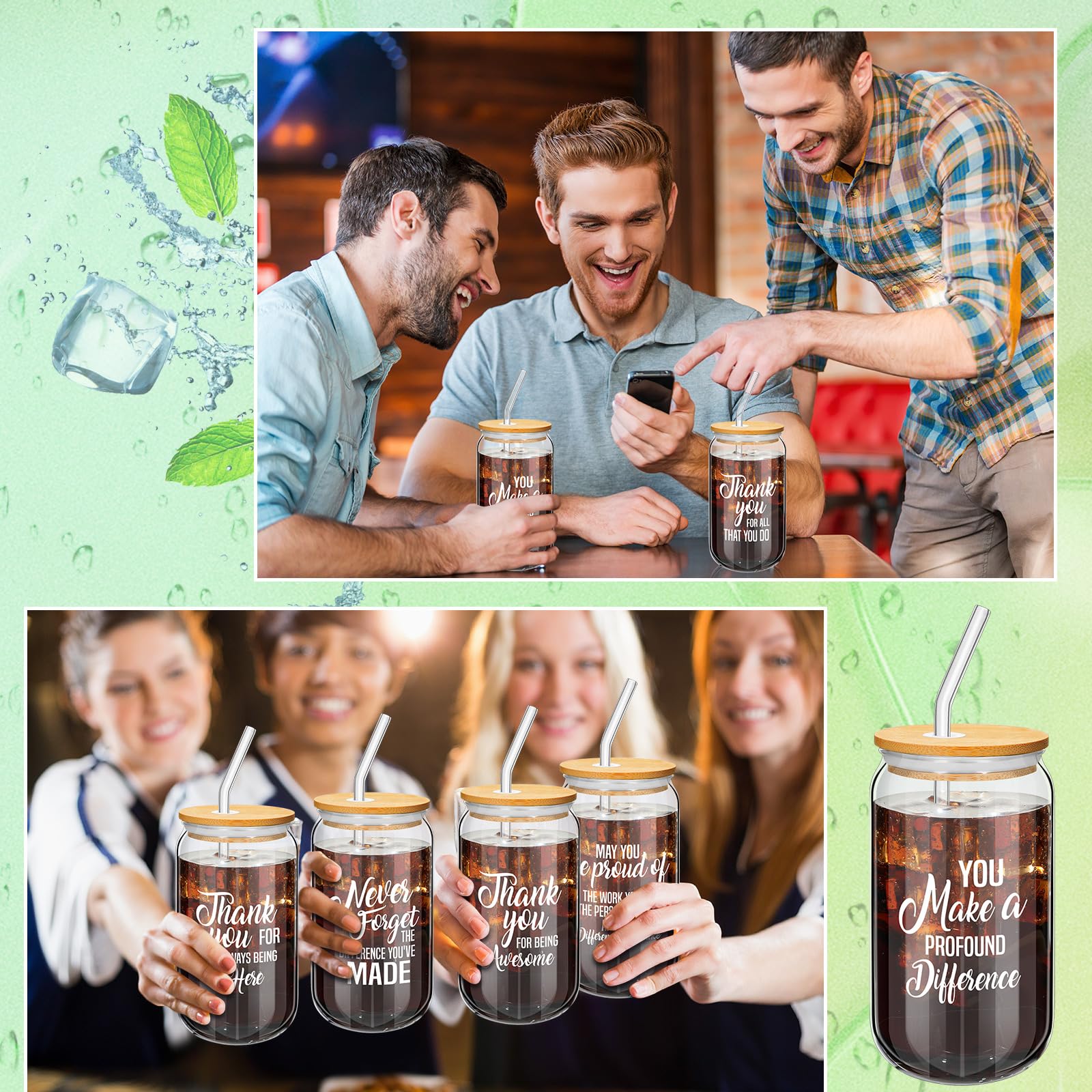Vasos regalo para equipo Dandat, 24 unidades con tapas y pajillas de vidrio