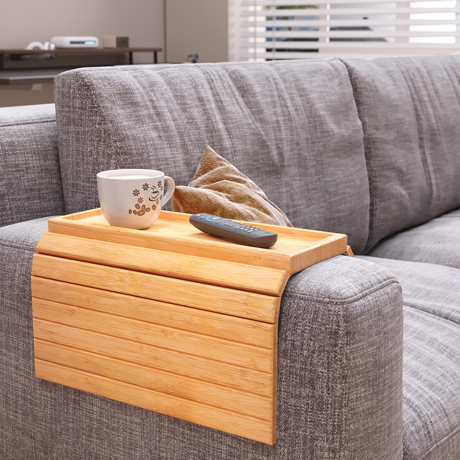 Danfoxer: bandeja de sofá plegable en bambú para controles y libros.