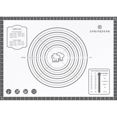 Mata de silicona DANIA Y DEAN 28x20 con medidas graduadas para cortar y medir recetas con precisión.