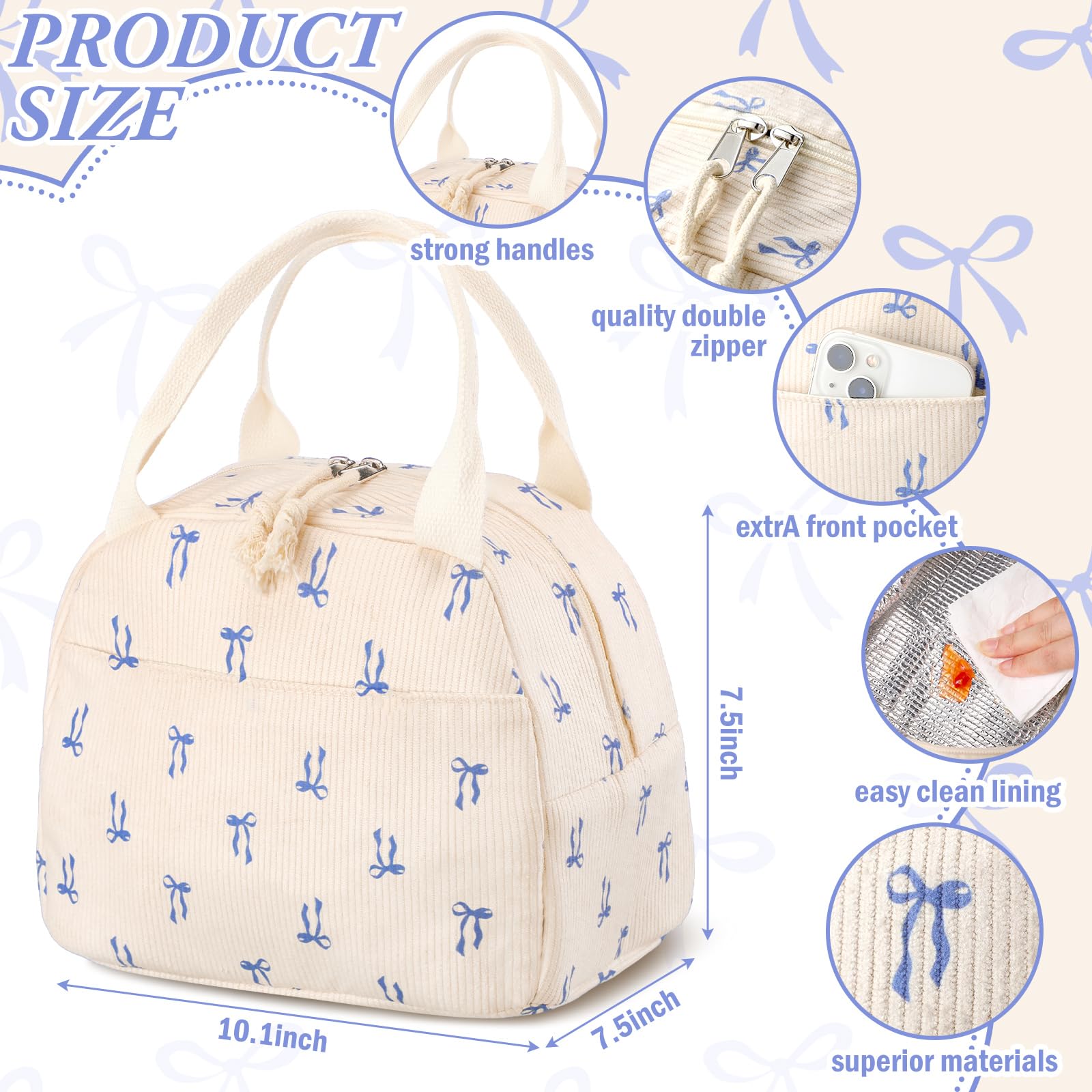Dansydaisy bolsa-almuerzo corduroy muestra detalle acolchado para transporte diario.