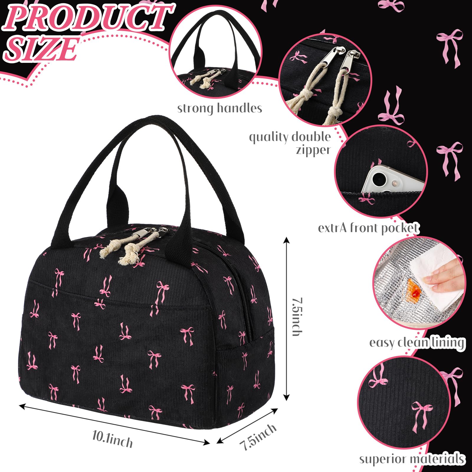 Dansydaisy bolsa de almuerzo pana negra, duradera y resistente.