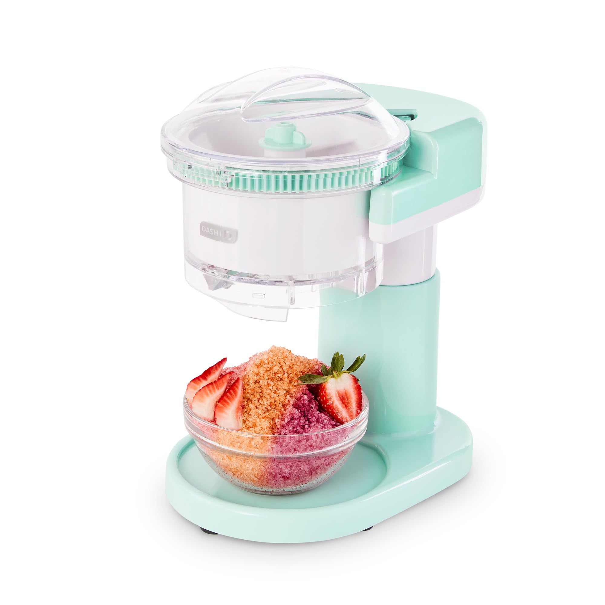 Dash maquina de hielo raspado vista frontal, lista para preparar postres helados en casa.