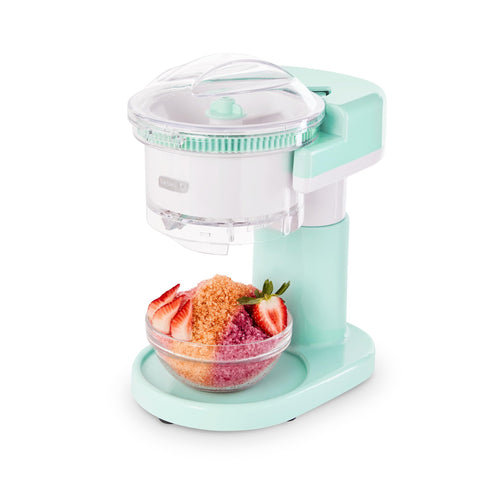 Dash maquina de hielo raspado vista frontal, lista para preparar postres helados en casa.