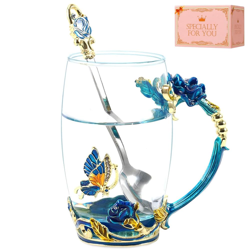 Taza de té DasyFly con mariposa y flor rosa azul cielo, diseño atractivo para regalo.