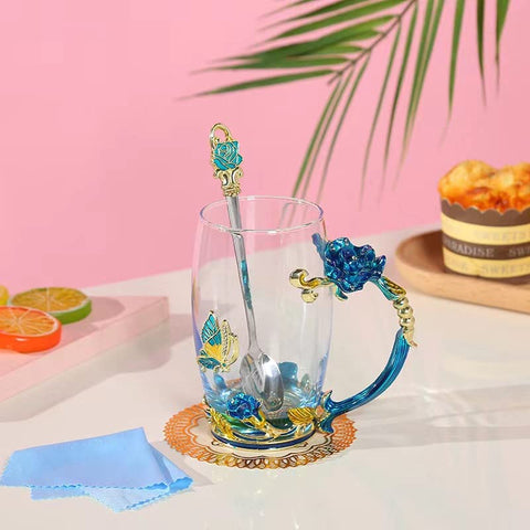 Taza de vidrio esmaltada DasyFly con mariposa y flor, opción libre de plomo.