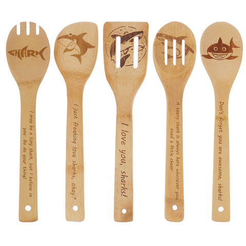 Databa cucharas tiburón de bambú, set de 5, ideal para cocinar sin rayar