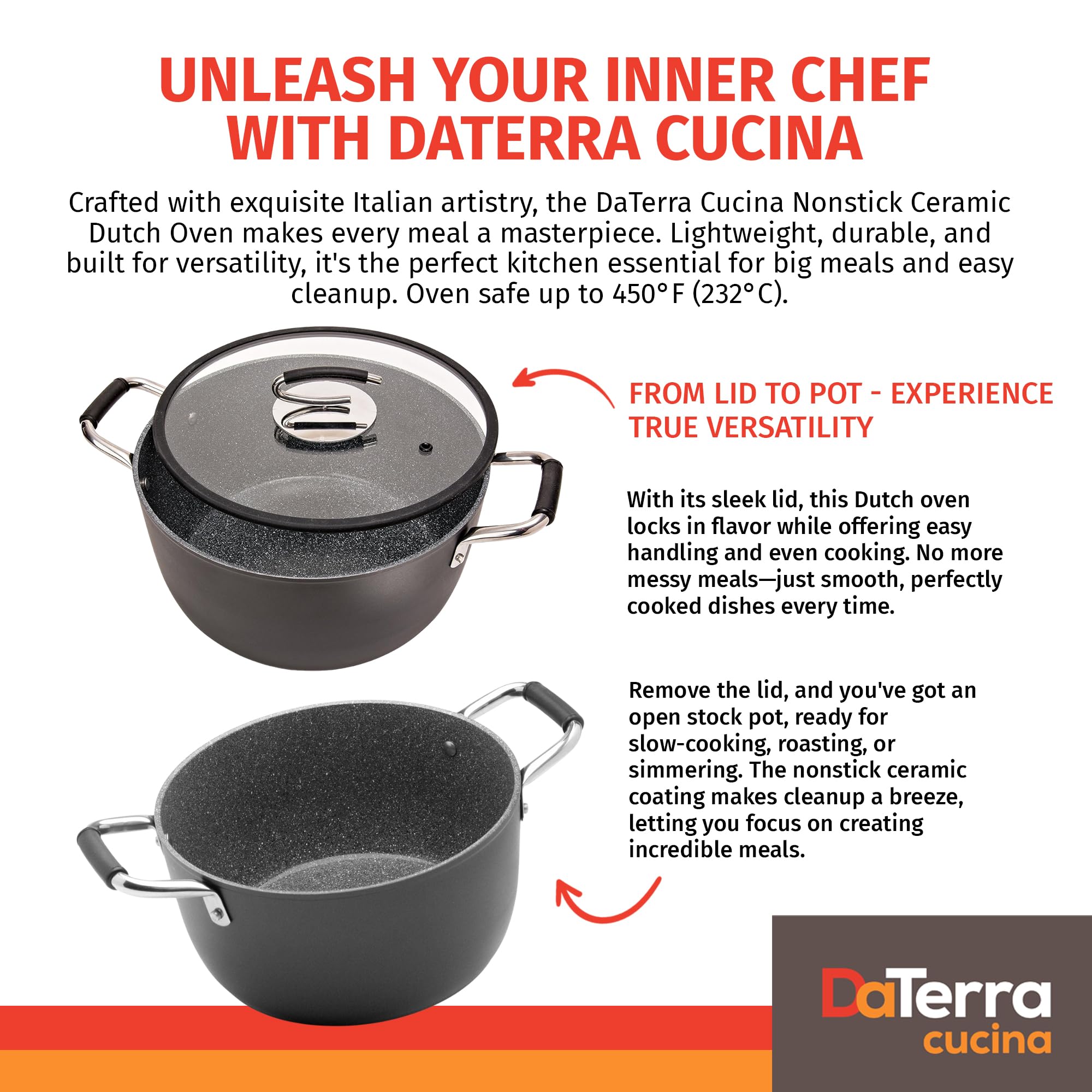 Olla DaTerra Cucina de 8 cuartos, exterior volcánico negro, estética elegante y calor uniforme.
