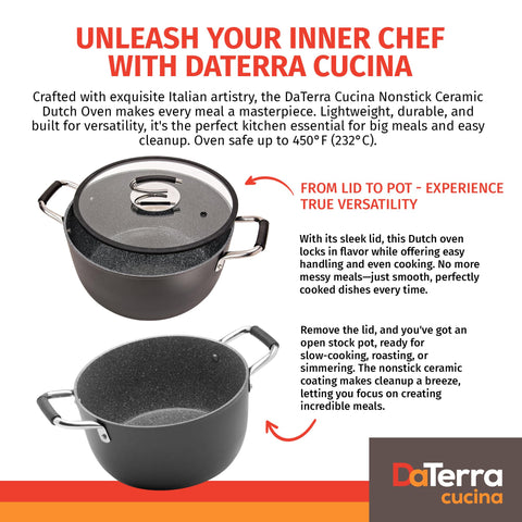 Olla DaTerra Cucina de 8 cuartos, exterior volcánico negro, estética elegante y calor uniforme.