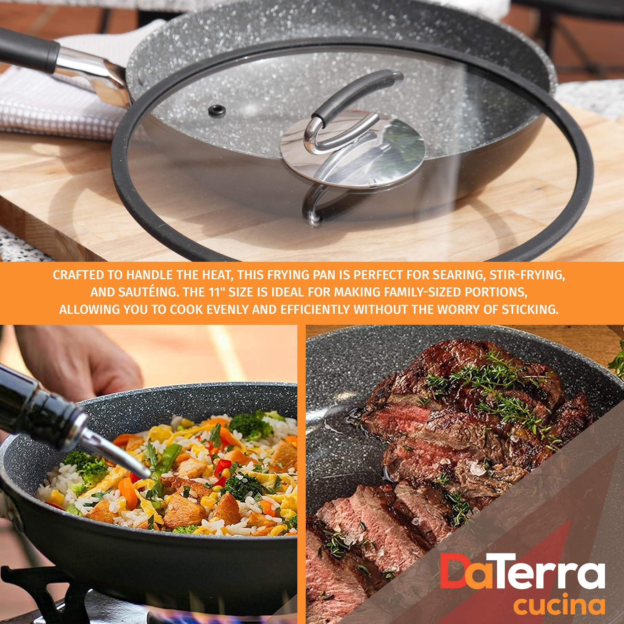 Sartén DaTerra Cucina antiadherente evita que se pegue y facilita dorar carnes.