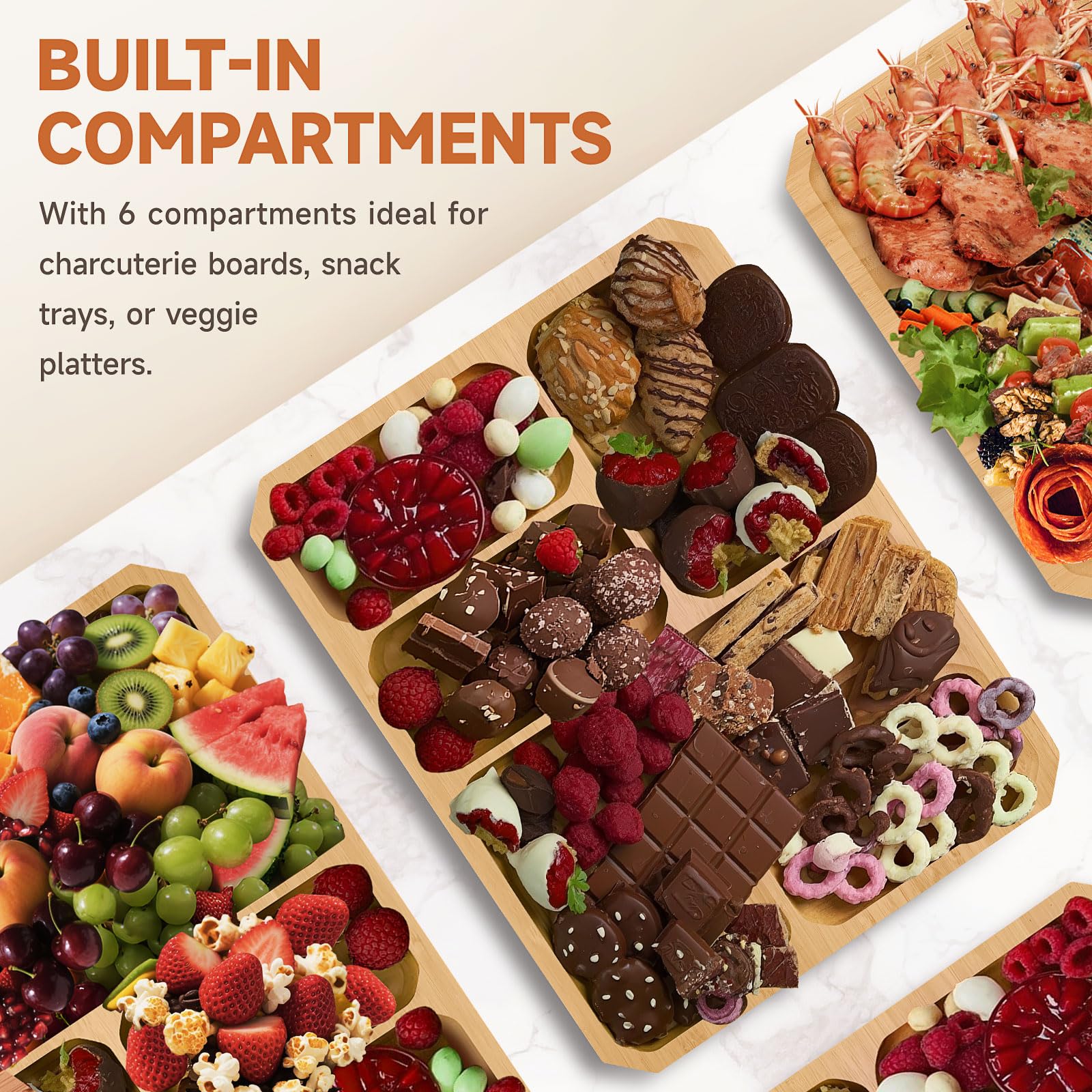 Datichee tablero de bambu 11x14 con 6 compartimentos para organizar aperitivos