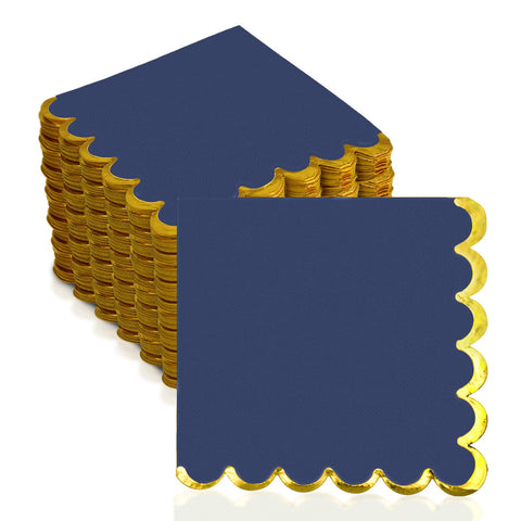 Datyiiha servilletas azul marino con borde festoneado dorado, elegante para eventos.