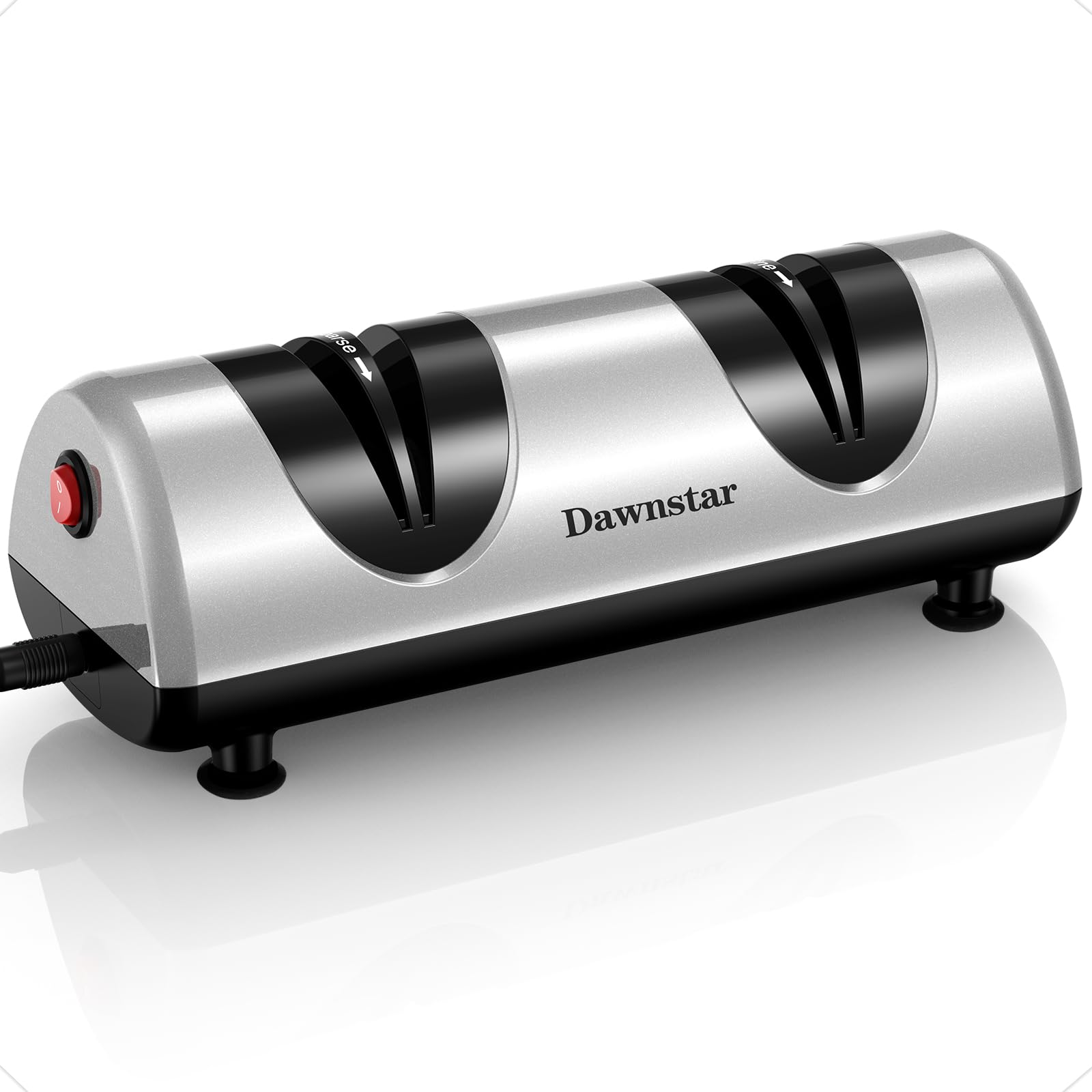 Dawnstar afilador eléctrico para cuchillos, vista frontal y uso doméstico.