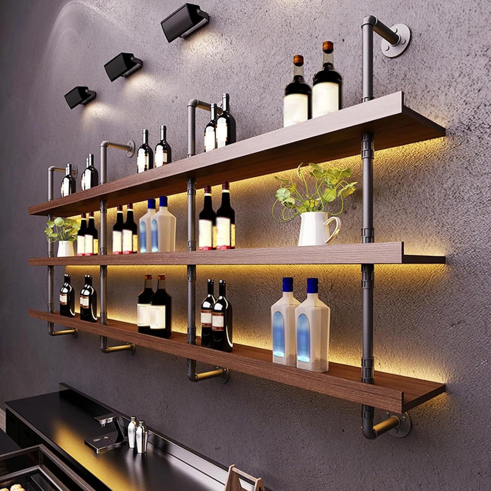 Dawselod estante vino pared con iluminación LED para resaltar botellas.