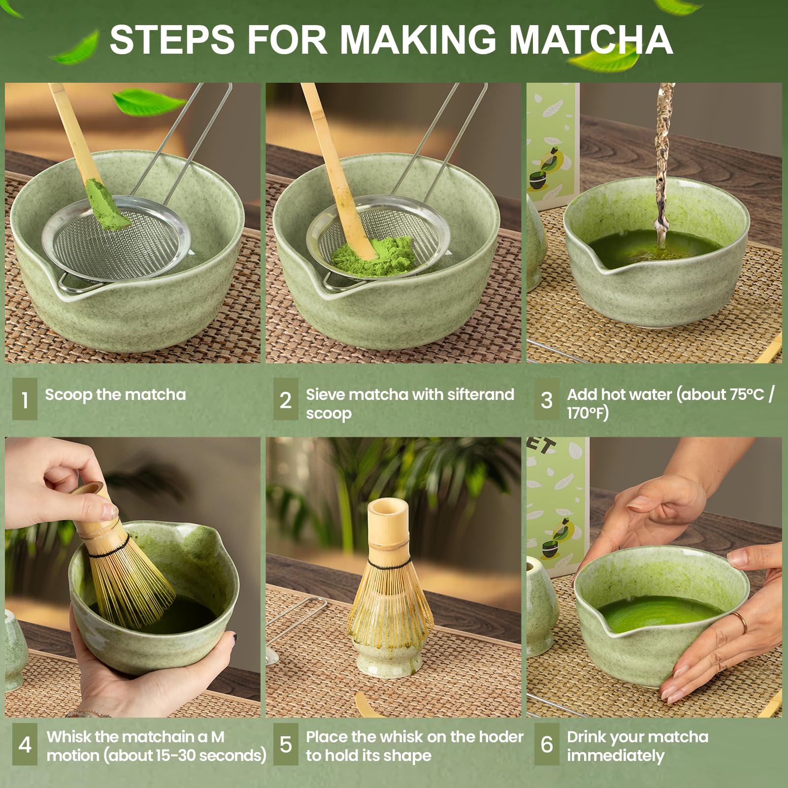 Dayacoco matcha tazón cerámico 500 ml con vertedor para verter con facilidad.