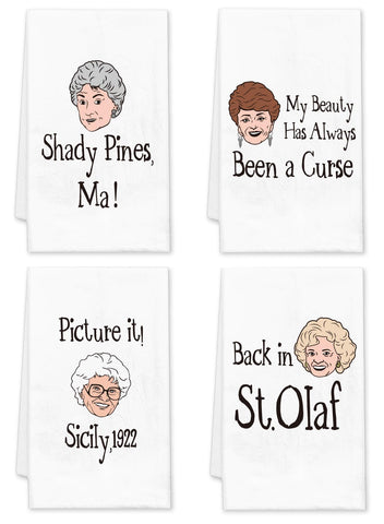 Toallas de la marca DDDDXO Golden Girls con diseños decorativos para secar platos