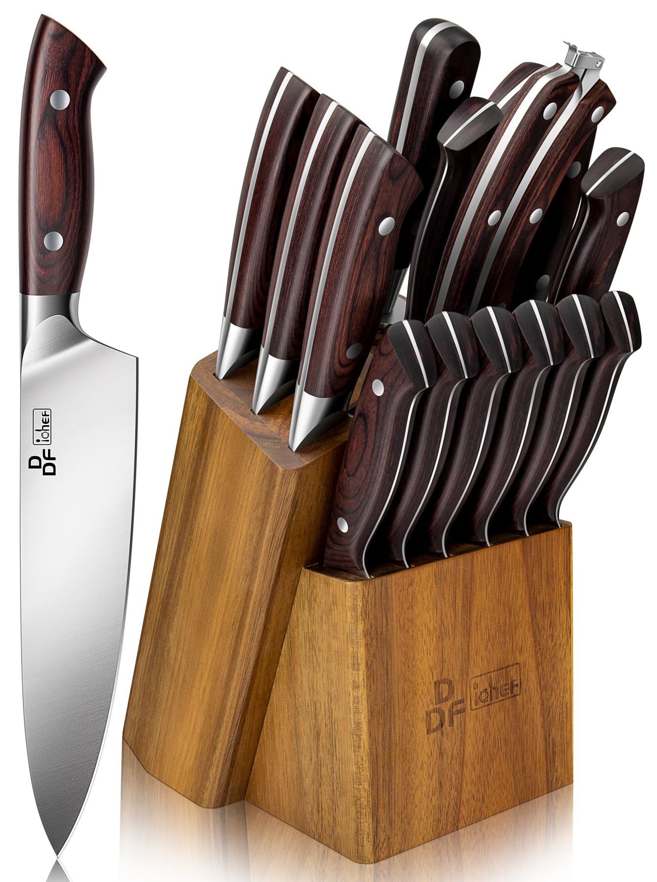 Conjunto de cuchillos DDF iohEF con bloque de madera para almacenamiento ordenado.