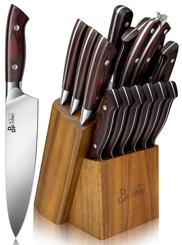 Conjunto de cuchillos DDF iohEF con bloque de madera para almacenamiento ordenado.
