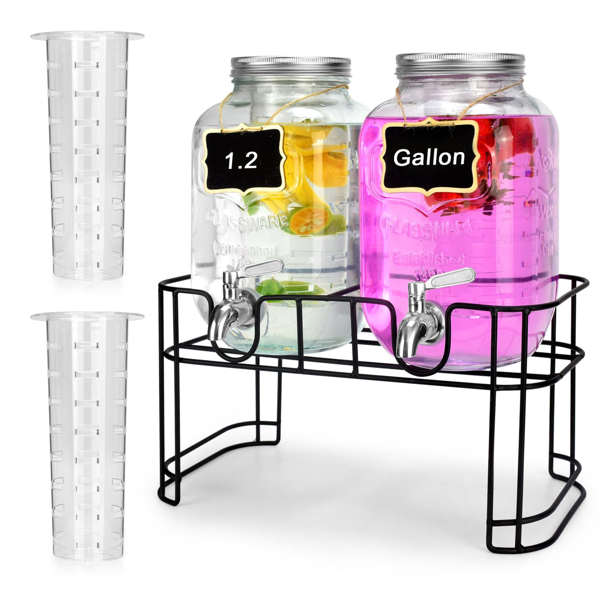 Dispensadores DD&HAPP con dos jarras de vidrio para bebidas variadas en eventos