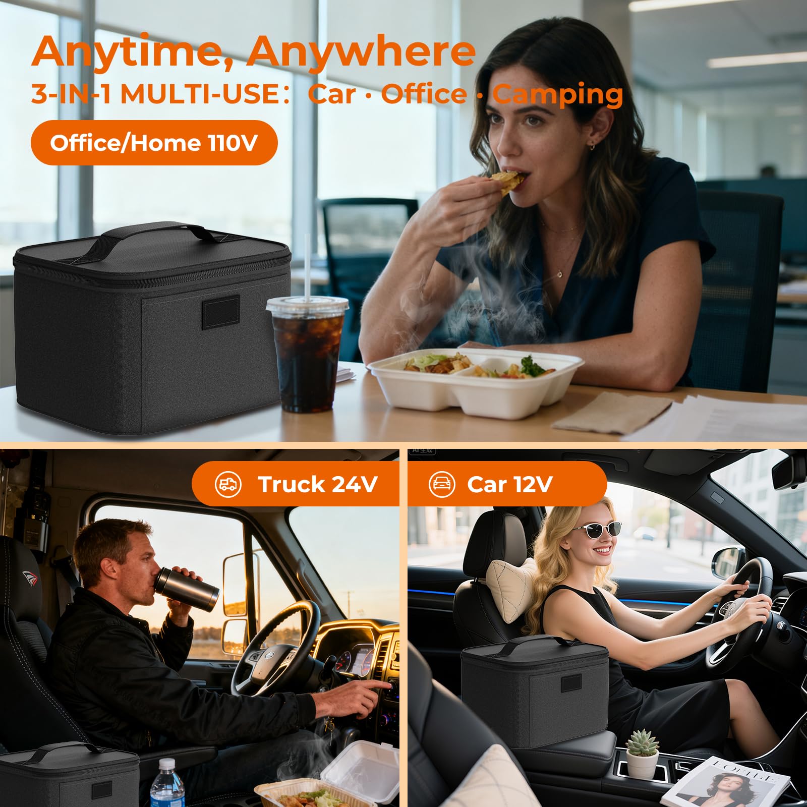 Caja térmica DDHTSAL en coche para mantener comidas calientes en viaje.