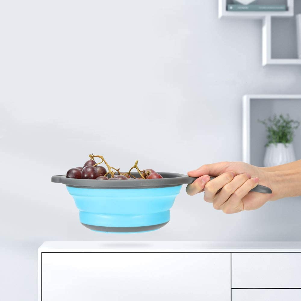 ddLUCK colador plegable azul con mango resistente para escurrir vegetales.