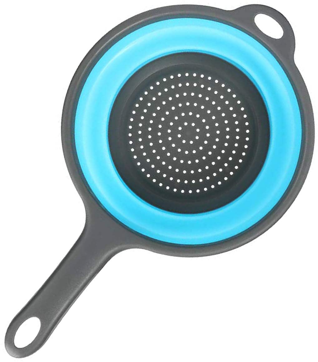 ddLUCK colador plegable de silicona azul con mango ergonómico, fácil de almacenar.