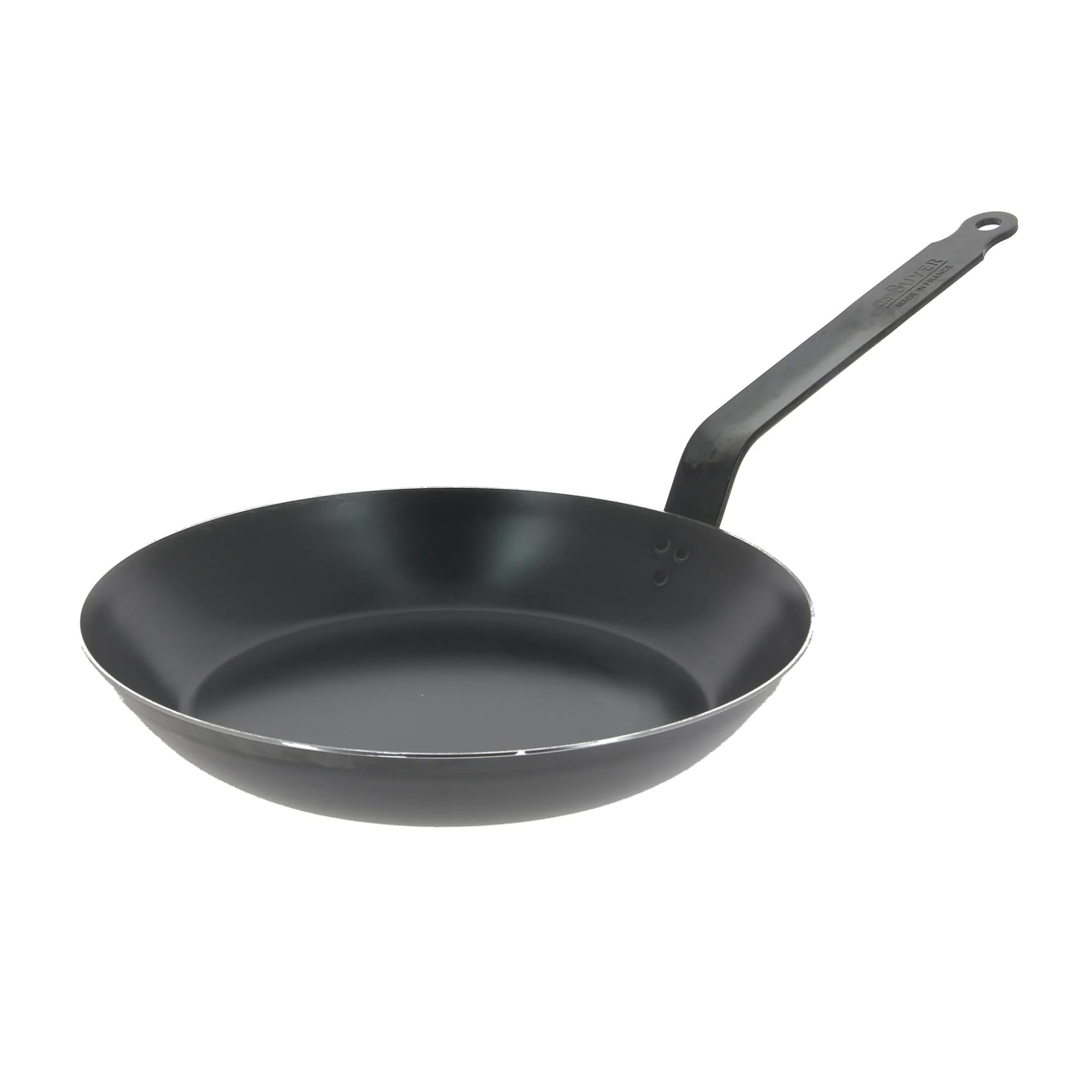 Sartén de Buyer carbono azul, frente, ideal para sellar carnes con calor uniforme.