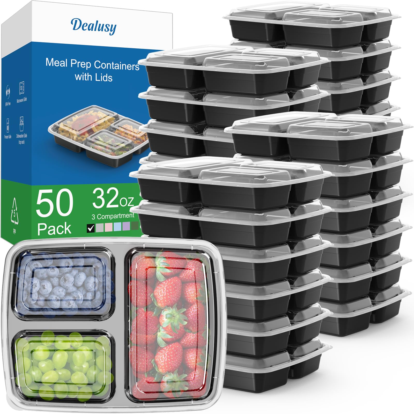 Dealusy contenedores 32 onzas con 3 compartimentos para llevar comidas