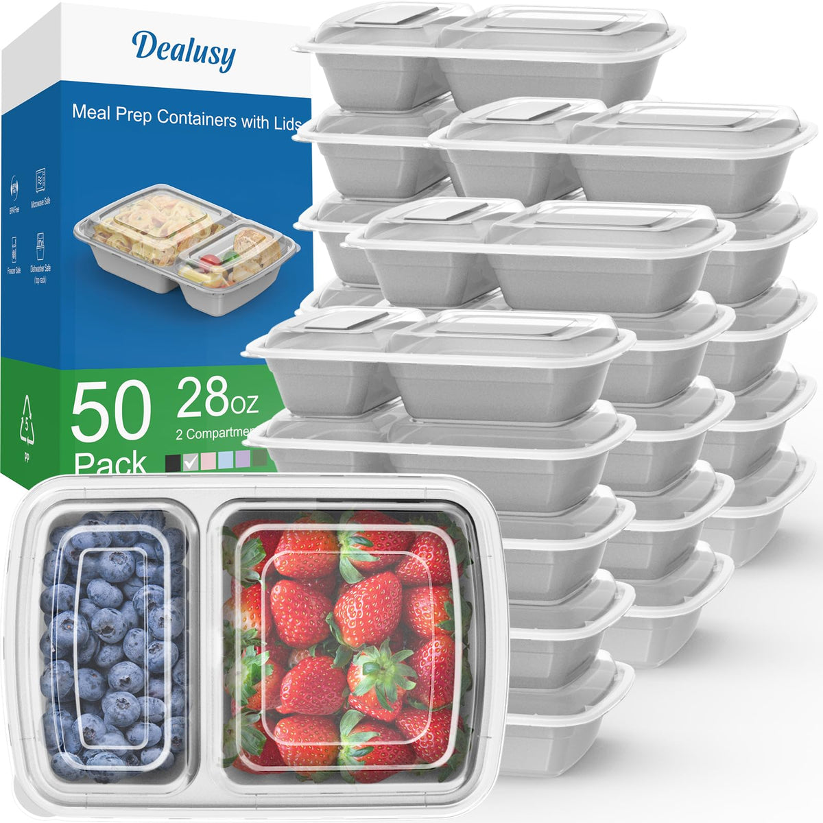 Dealusy contenedores para preparación de comidas con dos compartimentos y tapas seguras.