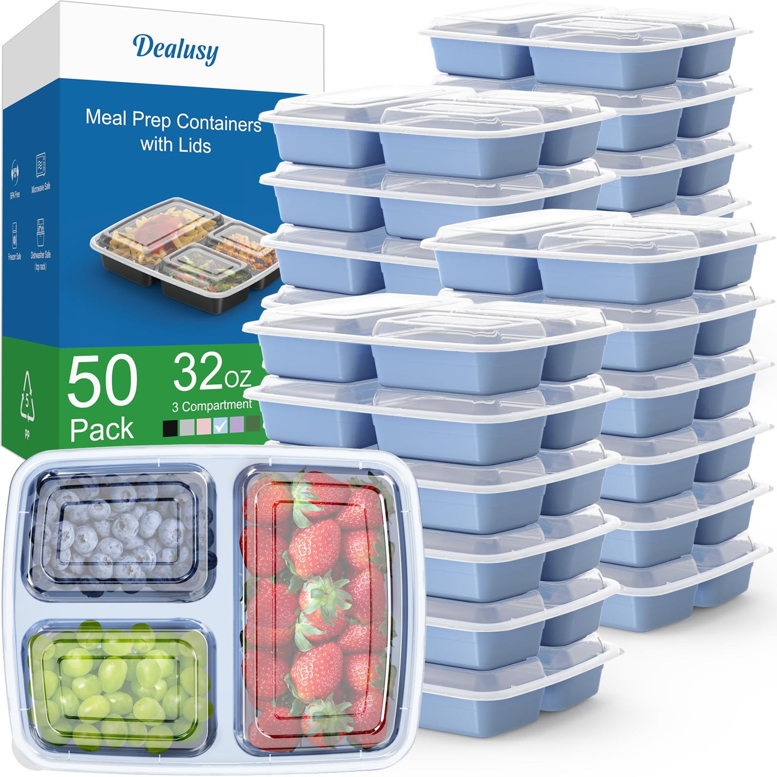 Dealusy contenedores 32oz azul con tres compartimentos para porciones equilibradas.