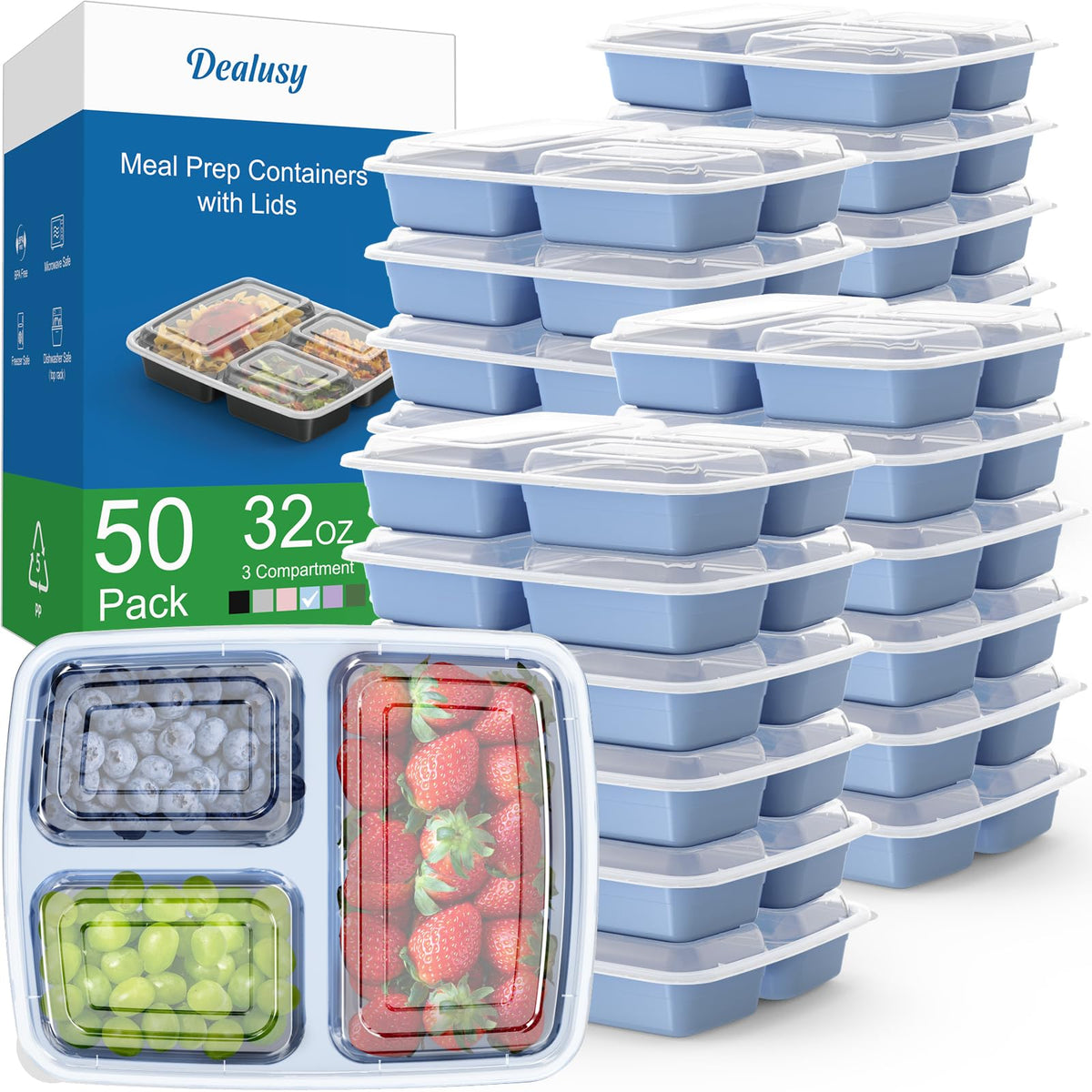 Dealusy contenedores 32oz azul con tres compartimentos para porciones equilibradas.
