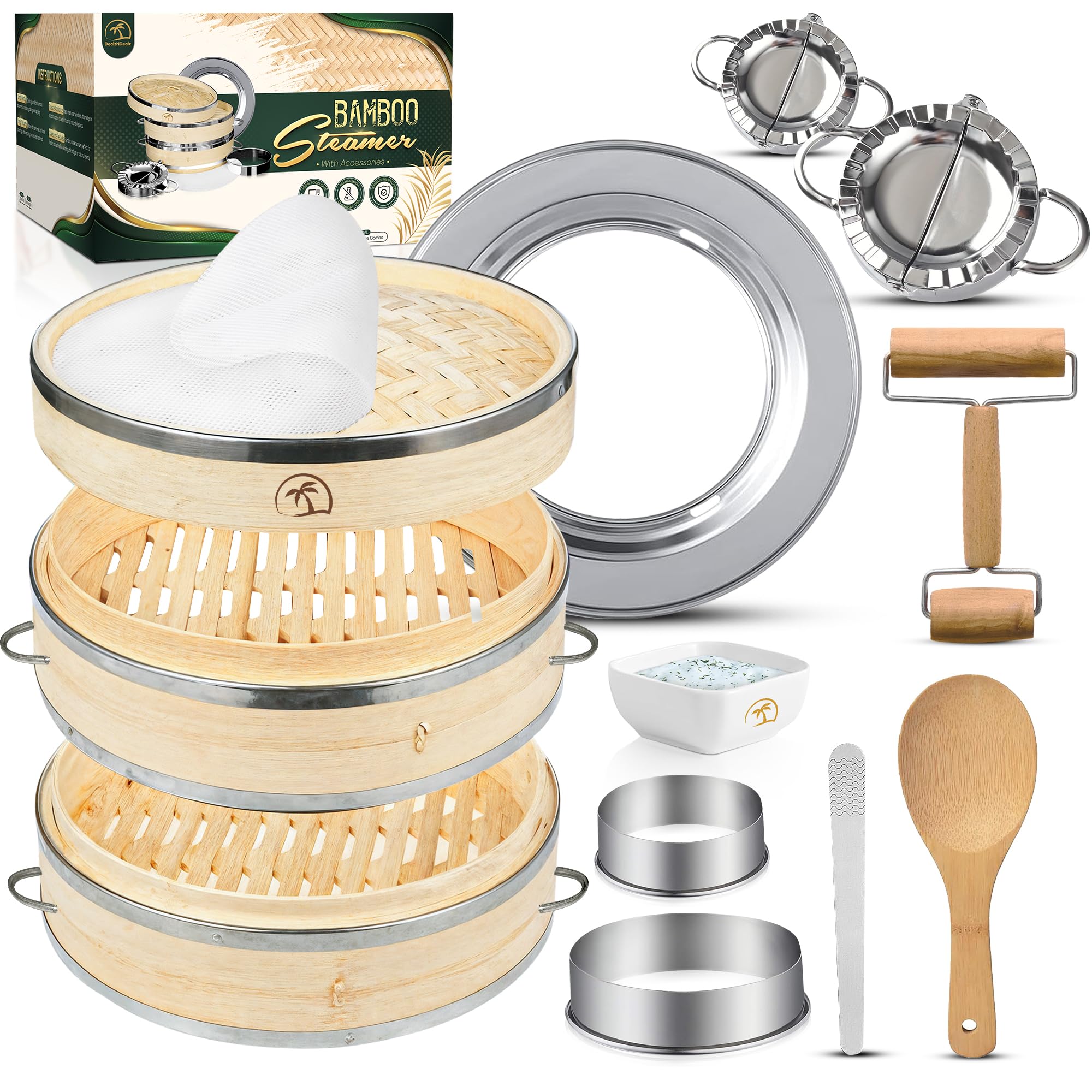 DEALZNDEALZ cesto vapor bambú 10 pulgadas, ideal para empanadillas y verduras al vapor.