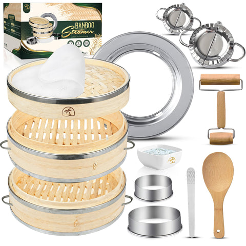 DEALZNDEALZ cesto vapor bambú 10 pulgadas, ideal para empanadillas y verduras al vapor.