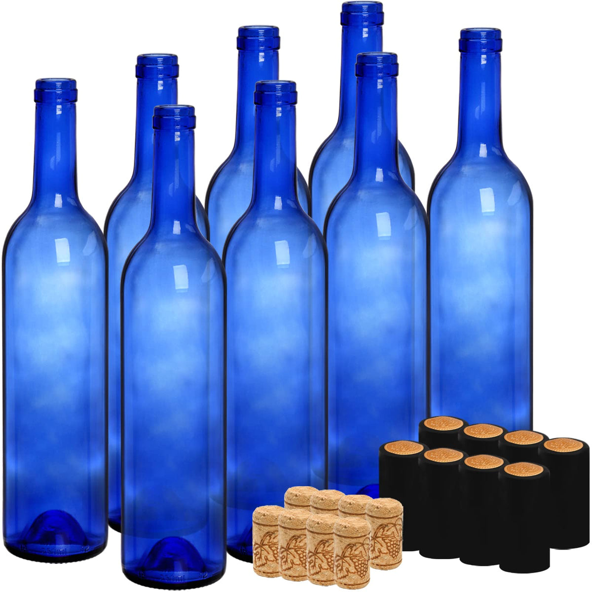 Botellas DEAYOU Bordeaux 750 ml azul cobalto, vista frontal para decoración.