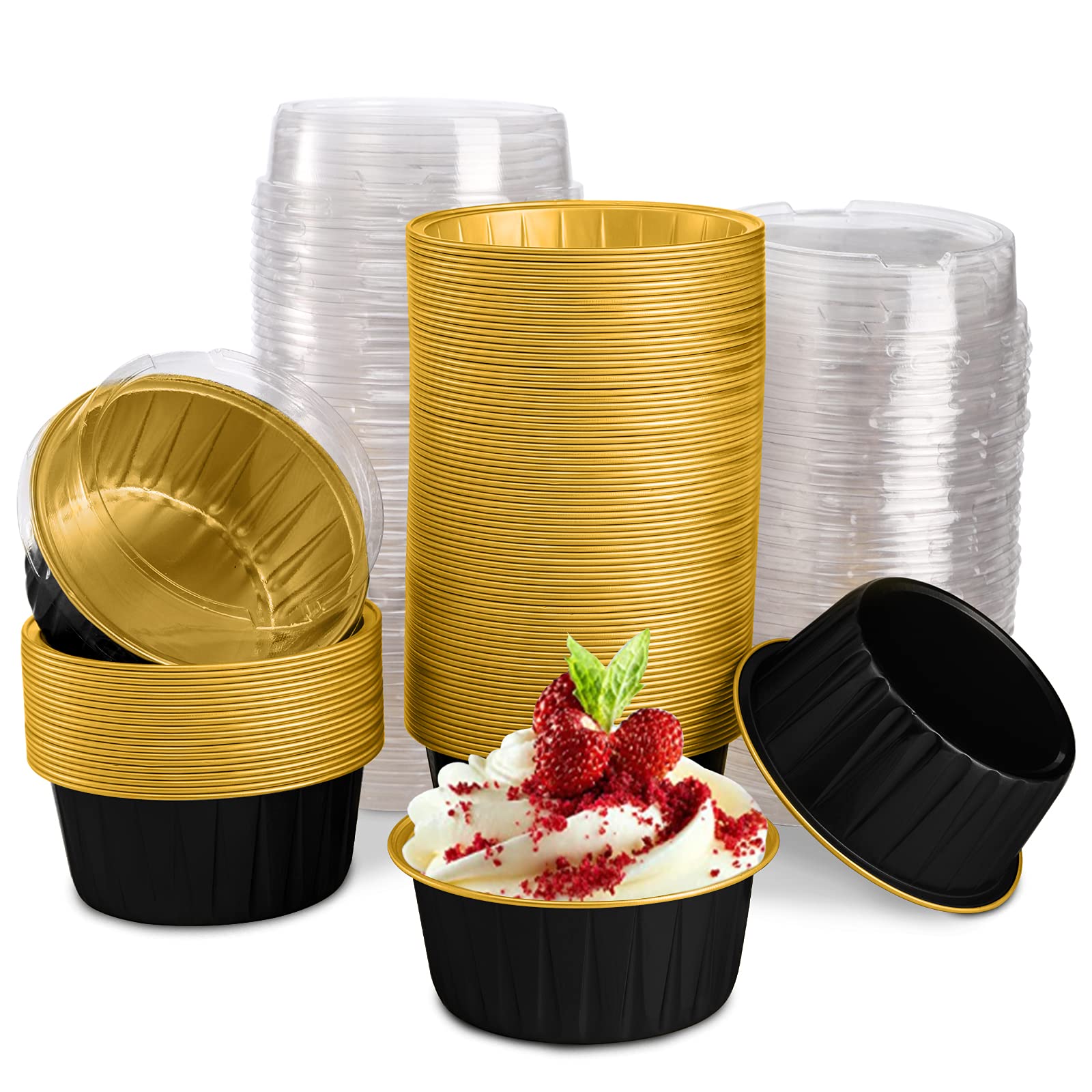 Ramequín DEAYOU 5oz con tapas claras para porciones individuales.