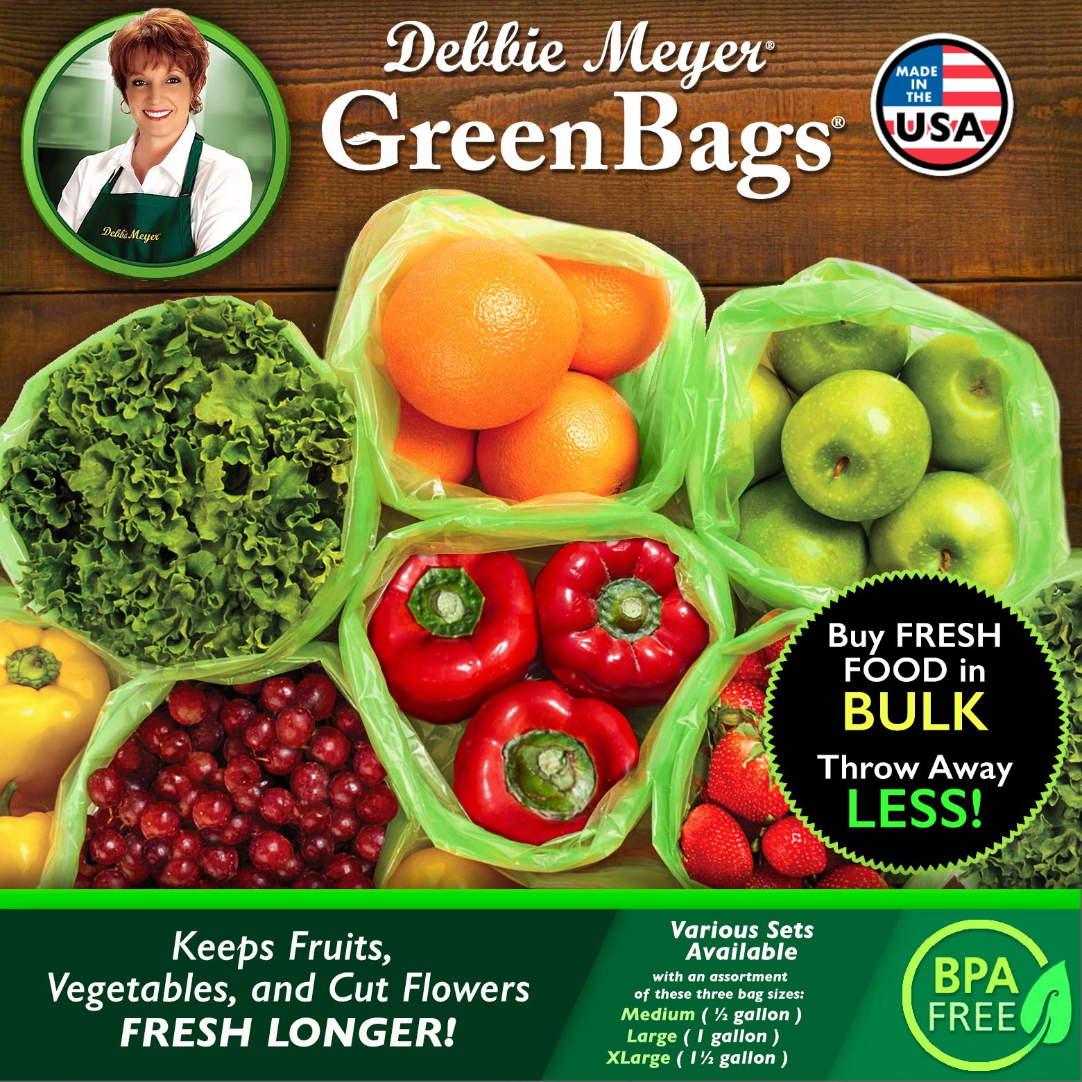 Bolsas grandes Debbie Meyer GreenBags para frutas y verduras frescas.