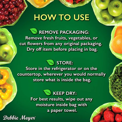Uso en casa: Debbie Meyer GreenBags para frutas, verduras y flores cortadas.