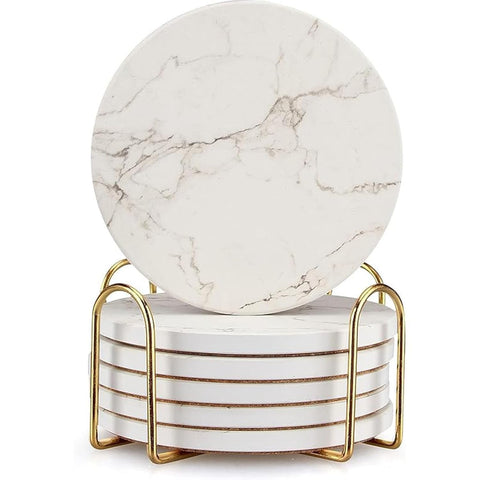 Deceram set de 6 posavasos de mármol blanco con porta posavasos para ordenar la mesa
