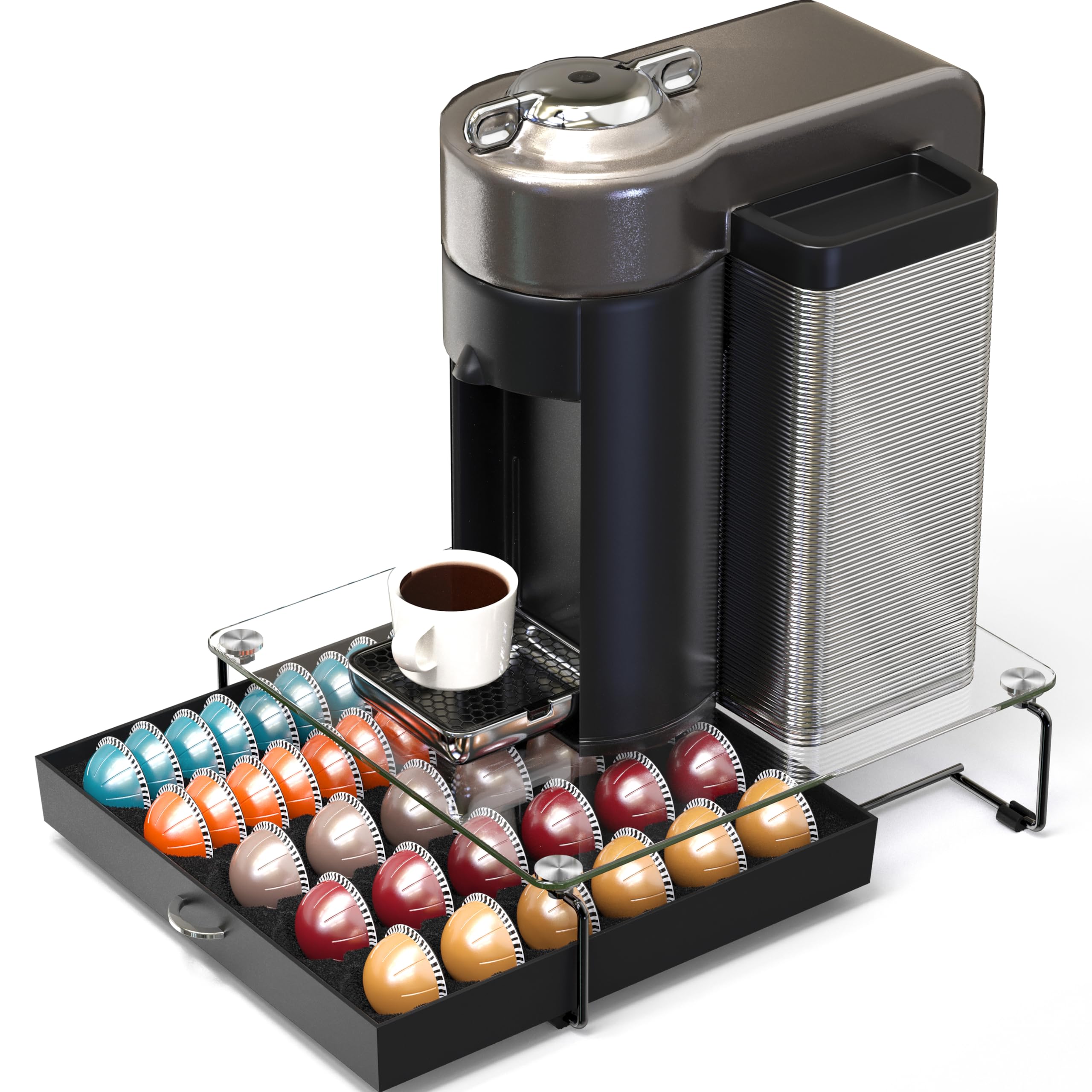Deco Brothers diseño compacto bajo la cafetera Vertuo para ahorro de espacio.