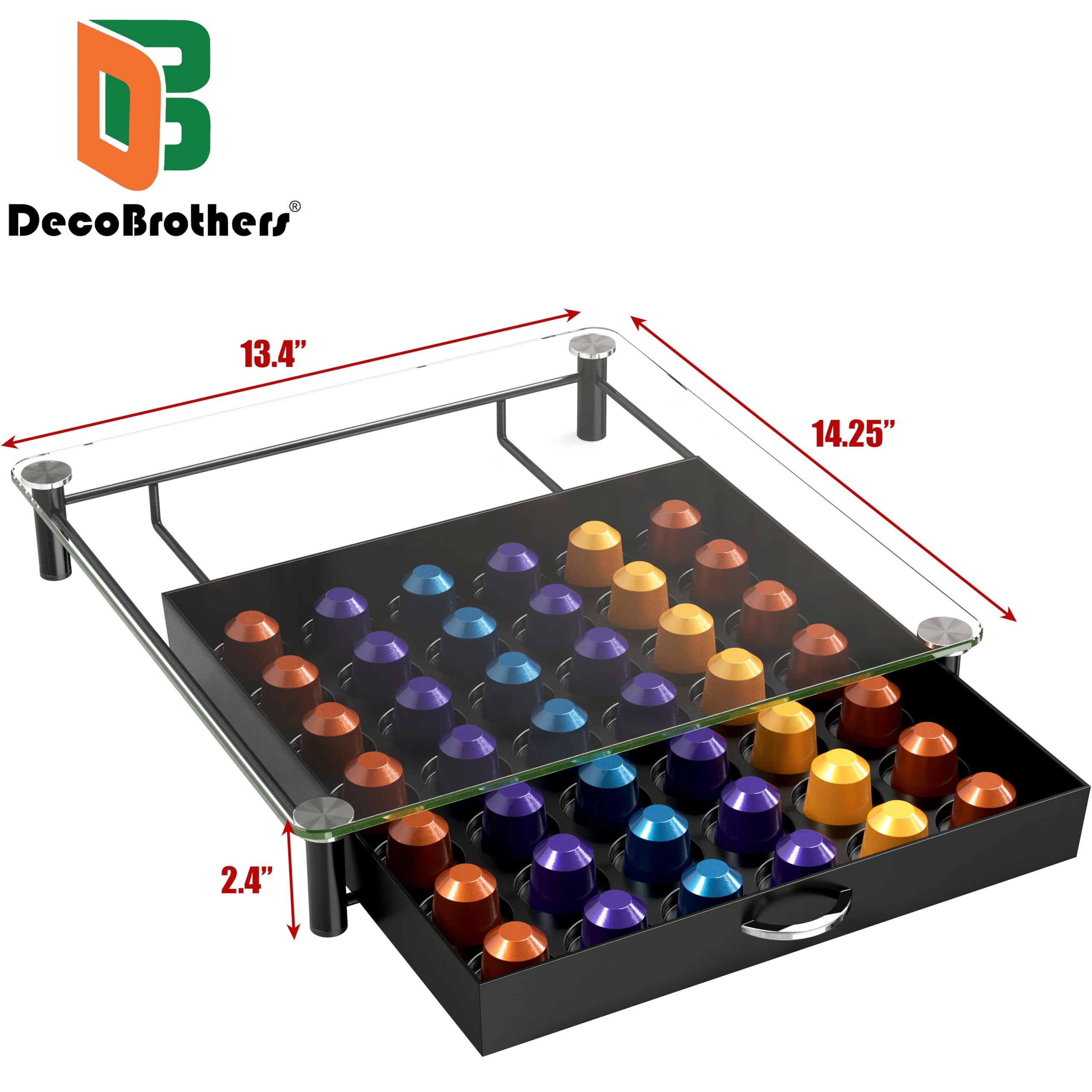 Capacidad de 42 monodosis Nespresso Línea Original, ordenada.