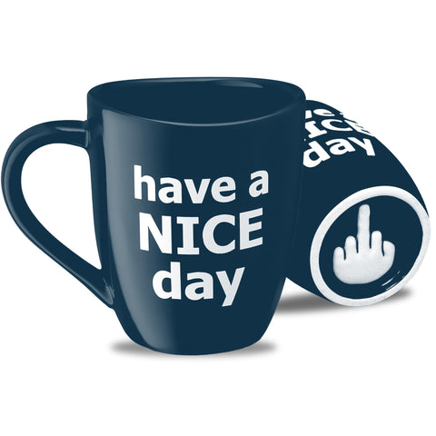 Taza Decodyne Have a Nice Day, vista frontal azul, ideal para café diario.