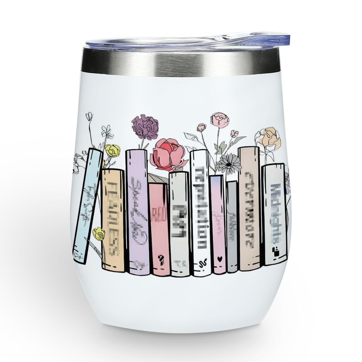 Taza termo Decohim 12oz con diseño inspirado en libros y música, ideal para lectores.