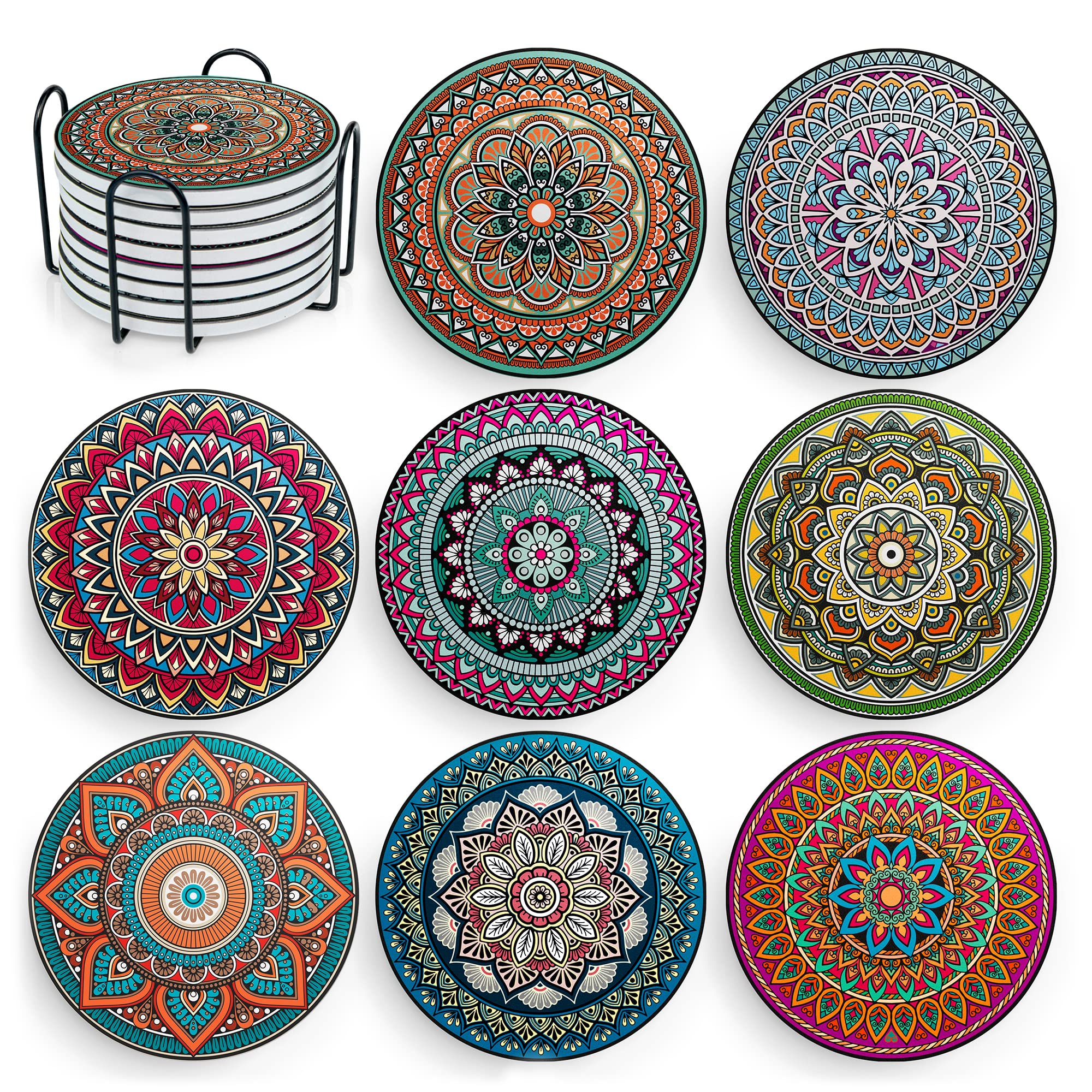 Decopom portavasos mandala cerámico 8 unidades, absorbentes y antirrayas para muebles.